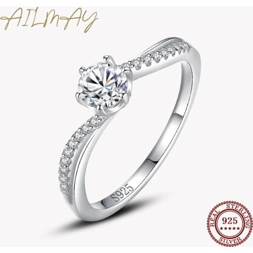 Ailmay Dazzling Sparkling Engagement Finger Rings Authentic 925 Sterling Silver Clear Zircon Rings Fine Female Fashion Jewelry