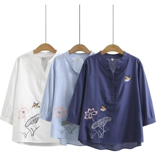 Summer Women Blouses Plus Size Tops 2021 Female Clothes Embroidery Cotton Line Shirt Fashion Casual Middle Aged XL/4XL