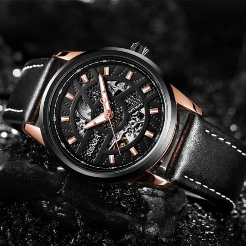 Mens watches Automatic Mechanical OUBAOER Brand Watch Men sport Military Wrist watches Man Leather strap Black Clock Relojes