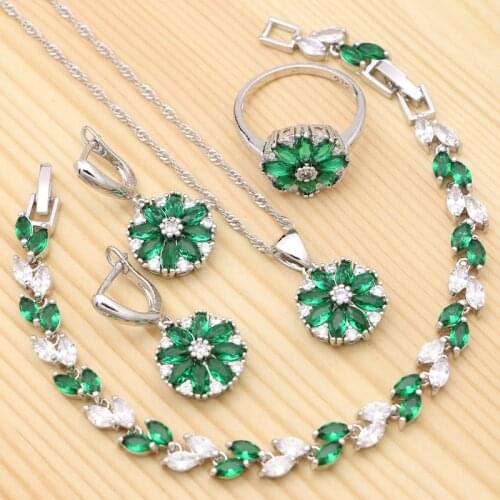 Flower Silver 925 Bridal Jewelry Sets For Women Natural Green Cubic Zirconia Ring Bracelet Necklace Pendant Earrings Set