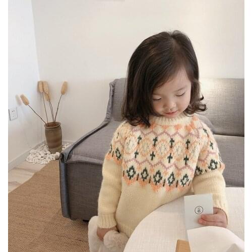Pattern Embroidery Children Ethnic Sweater Winter Thicken Warm Baby Girl Knitted Sweater O-neck Long Sleeve kids Pullover 12M-6T
