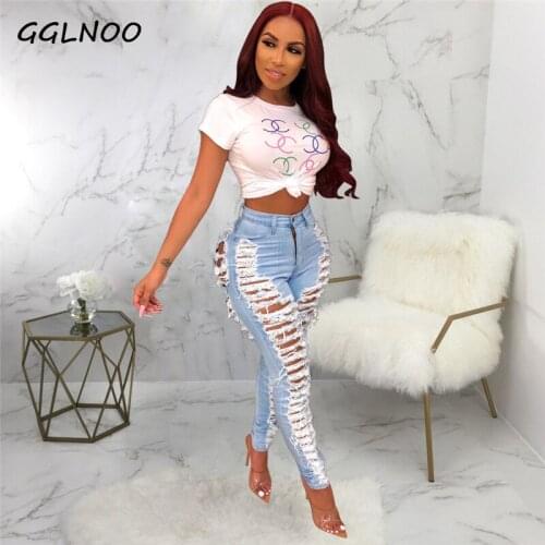 GGLNOO Sexy Ripped Jeans For Women Fashion Casual Club Hole Denim Pants Femme Bodycon Hollow Out Pencil Long Jeans Vestidos