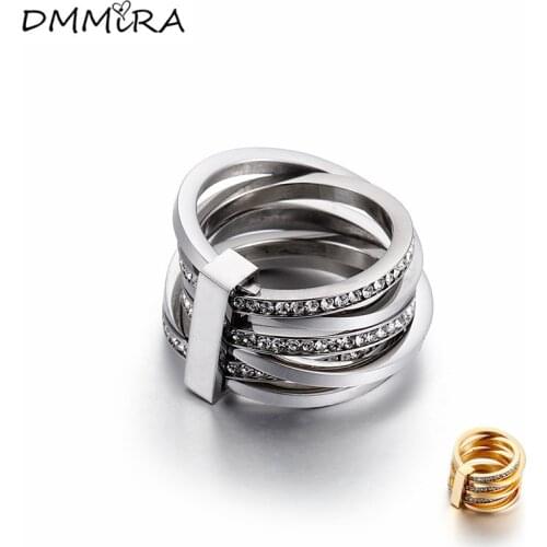 Hot sale Fashion Women Crystal Color Gold Stainless Steel Multilayer Round Six Circle Rhinestone Rings Jewelry