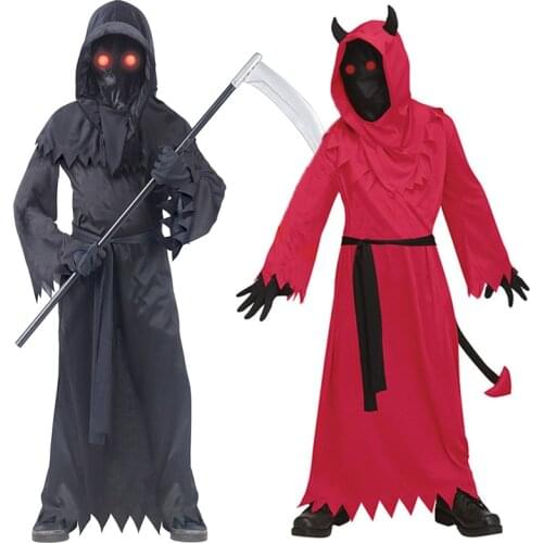 Boys Cosplay Grim Reaper Costume with Sickle Creepy Red Eyes Fade In And Out Unknow Phantom Devil Kids Halloween Costume C64C65