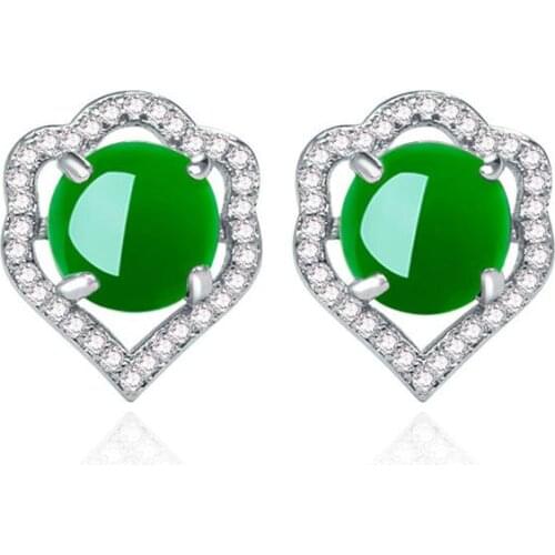 Natural Green Jade Chalcedony Round Earrings 925 Silver Carved Agate Charm Jadeite Jewelry Fashion Amulet for Women Gifts