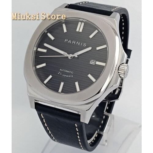 43mm PARNIS mens top luxury business watches black dial Sapphire glass date leather 21 jewels Miyota automatic mens watch