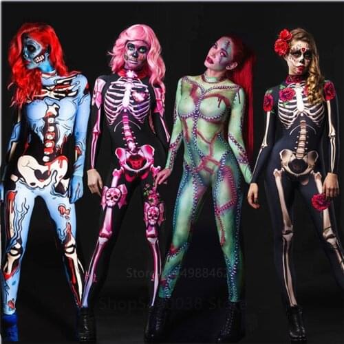 2020 New Scary Halloween Cosplay Costumes for Women Carnival Party Horror Jumpsuit Bodycon Streetwear Sexy Flexible Tight Outfit