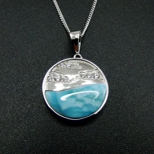 New Arrival 925 Sterling Silver Dominica Natural Larimar & CZ ocean Pendant Neckalce For Women Gift