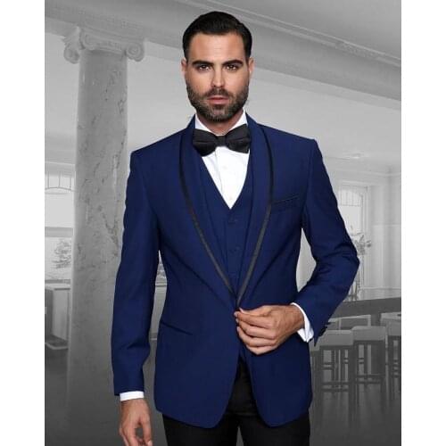 New Arrival One Button Blue Groom Tuxedos Groomsmen Shawl Lapel Mens Suits Blazers (Jacket+Pants+Vest+Tie) W:1079