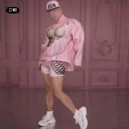 New Sexy Man Pink Jumpsuit Muscle Spandex Stretch Costume Jazz Nightclub Bar Costume Dj Gogo Ds Singer Performance Dance Costume