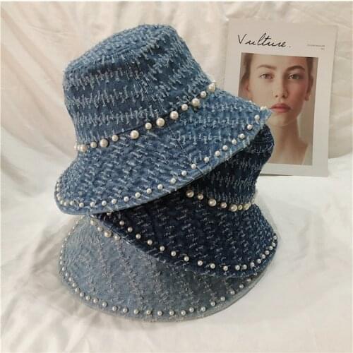 Denim Blue Wild Pearl Bucket Hats For Women Sun Hats With Pearl Fisherman Hat Wild Tide Hip Hop Cap Leisure Hat Casquette