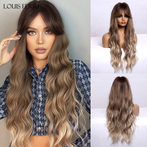 LOUIS FERRE Ombre Brown Honey Blonde Synthetic Wigs with Bnags for Black Women Long Natural Wave Cosplay Wig Heat Resistant