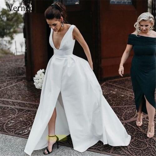 Verngo 2021 Simple A Line Satin Wedding Dress Deep V Neck Side Slit Sweep Train Country Garden Beach Bridal Gowns With Pockets