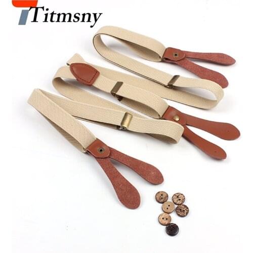 Fashion Style Mans Khaki Suspenders Unisex Adjustable Leather Fitting 6 Button Holes Braces Elastic Belt Strap 2.0cm Width