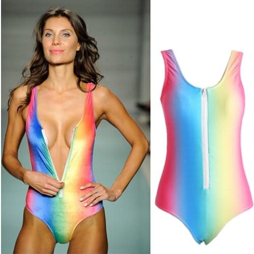 Print 2017 Rainbow Swimsuit New Gradient Female Monokini Brand One Piece Swimwear Patchwork Women Zipper Swim Suit Swimwear