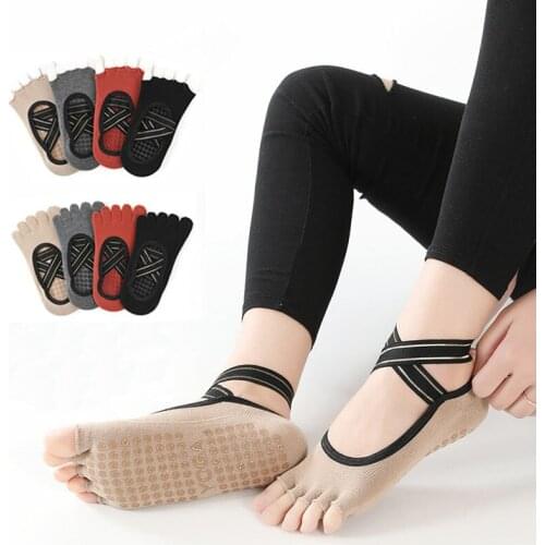 Cross Strap Backless Non Slip Yoga Socks for Women Solid Color Cotton Sweat-absorbent Five-finger Socks Pilates Sports Toe Socks