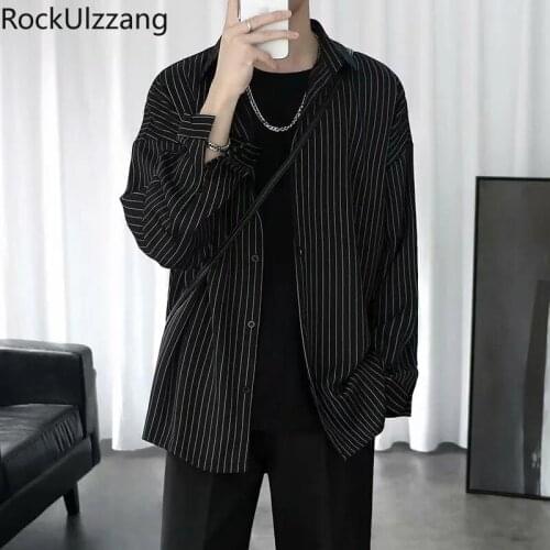Streetwear Plus Size Oversized Hip Hop Casual Japanese Striped Long Sleeve Top Shirt Blouse Men Button Fashion Loose Korean Tee