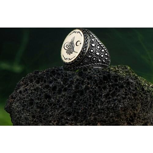 925 Sterling Silver Ottoman Tugra Ring for Men With Natural Micro Stone Simple Rustic Flat Top Hallmarked Band Male Jewelry
