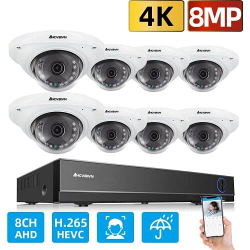 AHCVBIVN 4K CCTV 8CH Hybrid DVR Video Surveillance System 8MP AHD Camera Kit Day & Night AHD Dome Camera Kit VGA HDMI Output