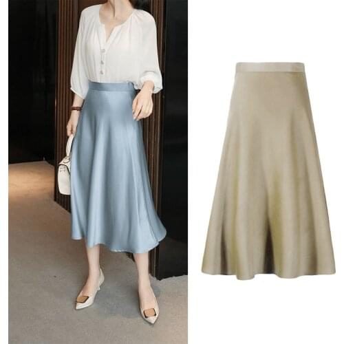 Summer women Midi Skirts Womens England Office Lady Satin High Waist Simple Elegant Long Skirt Women Faldas Mujer Moda 2021