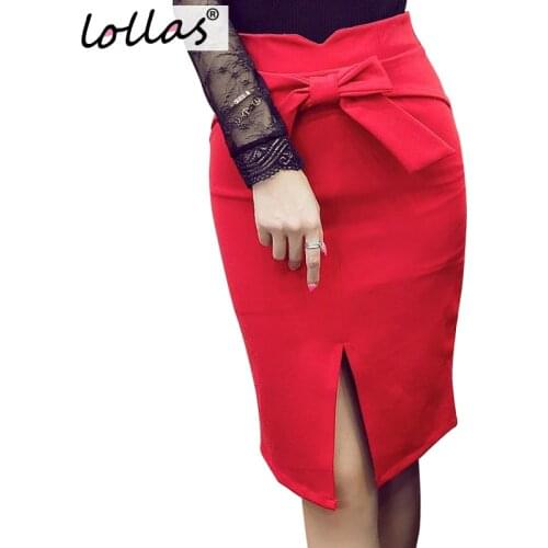 Lollas Women Pencil Skirt Plus Size Autumn Winter New Fashion Knee Length High Waist Bodycon Skirt Elegant Open Slit Bow Skirt