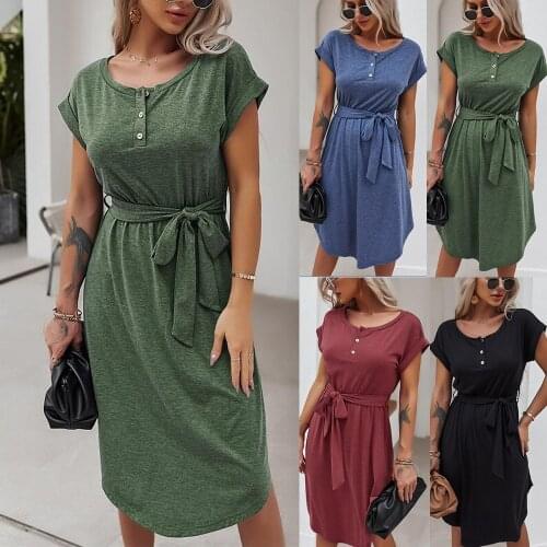 New Women Summer Dress Casual Solid O Neck Buttons High Waist Sashes Loose Cotton Dress Female Short Sleeve Slim Holiday Dresses