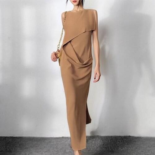 New Summer French Niche Design Asymmetric Nude Womens Sleeveless Sexy Dress Women Advanced Long Skirt Vestido Vfemage Vintage