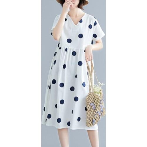 #0332 Summer Polka Dot Printed Cotton And Linen Dress Women Short Sleeved Loose Spliced Pleated A-line Dress V Neck Vintage