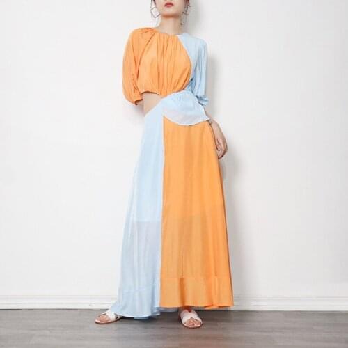 Holiday wind collision color loose 2021 fashion summer new round neck waist splicing personality round neck chiffon swing dress
