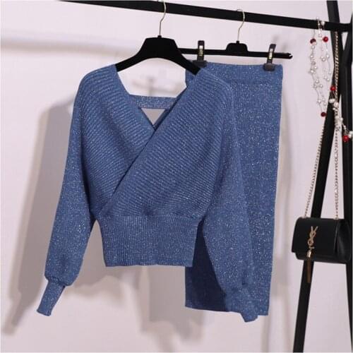 Winter Women 2 Piece Sets Sweater Set Warm Knitted Tracksuits V-neck Lantern Sleeve Pullover & Elastic Waist Skirt Suit