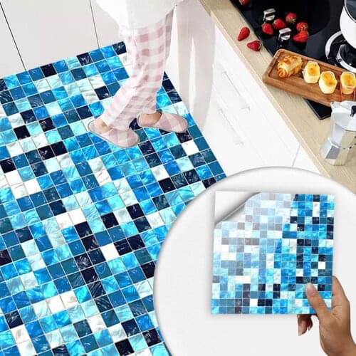 10pcs Flat Blue Mosaic Tile Wall Stickers Kitchen Backsplash Washroom Wall Decal Oil-proof Peel & Stick Ceramics Vinyl Art Mural