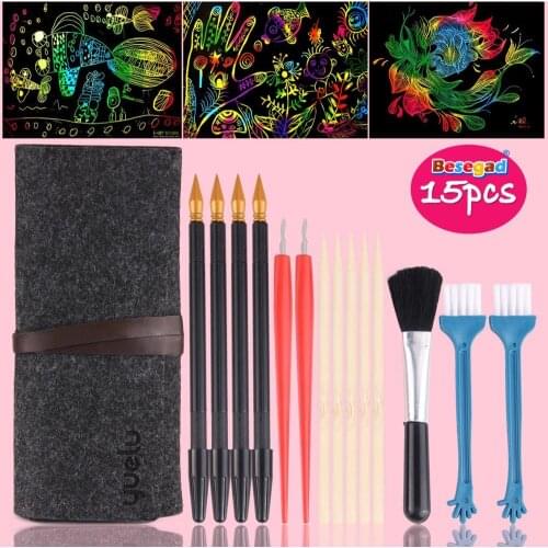 15PCS Scratch Tools Set Kids Repair Scratch Paper Coloring Pens Bamboo Sticks Brush Bag Scraping Painting Toy Children Gifts