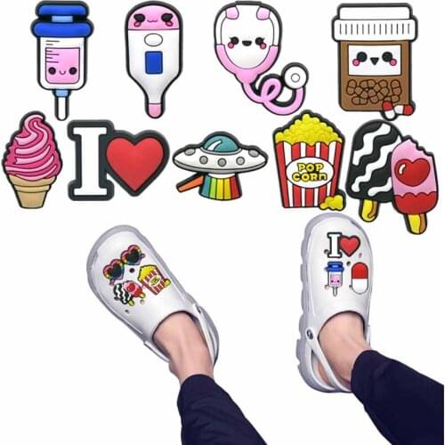 50pcs Original Syringe Popcorn PVC Croc Charms Jibz Spaceship UFO Ice Cream Shoe Charms Medical Accessories Decorations Kid Gift