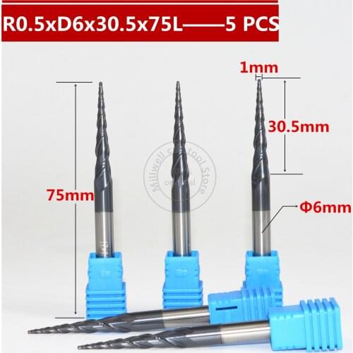 Free shipping-5PCS R0.5*D6*30.5*75L*2F HRC55 Tungsten solid carbide Coated Tapered Ball Nose End Mill taper and cone end mills