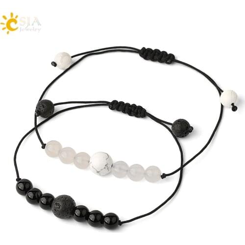 CSJA Natural Onyx Braided Bracelets Black White Agates Beads Adjustable Bracelet for Female Men Couple Gifts Lucky Jewelry G568