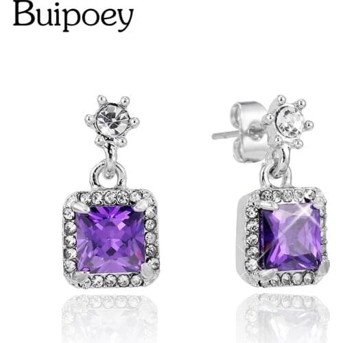 Buipoey Purple Square Crystal Charms Stud Earring For Women Girls Circular Buckle Fine Butterfly Charm Earrings Couple Gift