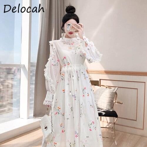 Delocah New 2021 Autumn Women Fashion Runway Party Long Dress Flare Sleeve Gorgeous Lace High Waist Embroidery A-Line Dresses