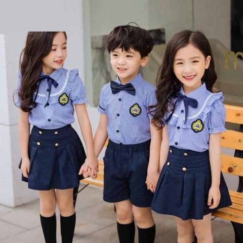 Children Cotton Korean Japanese School Uniform for Girls Boys Blue Shirt Navy Skirt Shorts Set Tie Clothes Student Outfits Suit