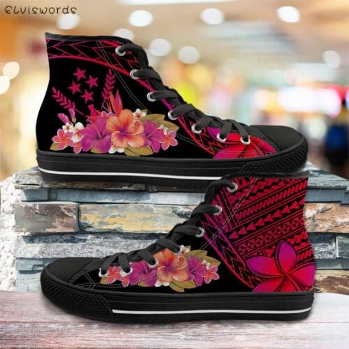 ELVISWORDS Women High Top Style Shoes Kosrae Polynesian Hibiscus Prints Classic Vulcanized Shoes for Teen Girls Lace-up Sneakers