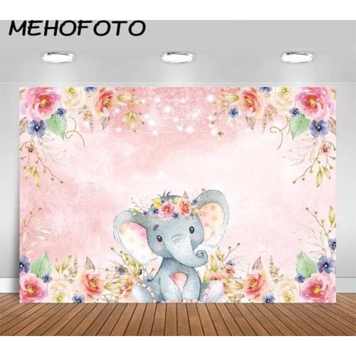 MEHOFOTO Girl Elephant Baby Shower Backdrop Baby Girl Elephant Pink Floral Birthday Photography Background for Photo Studio
