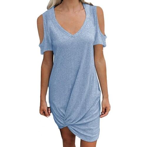 Fashion Summer woman dress Solid Color Cold Shoulder Short Sleeve Loose Knee-length Dress for Office beach dress 2021