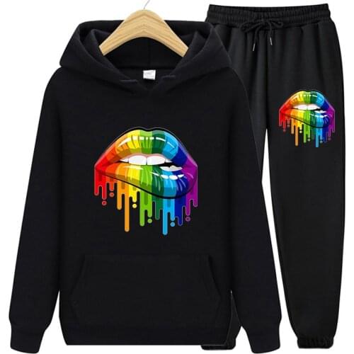 Fashion Autumn Women Tracksuit Hoodies Sweatshirts And Long Pants 2 Piece Set Mouth Lip Print Casual Harajuku Sport Suit Clothes