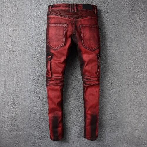 2020 New Mens Punk Retro Red Jeans Hole Ripped Denim Cargo Trousers Plus Size Slim Fit Motorcycle Jeans Pocket Long Pencil Pants
