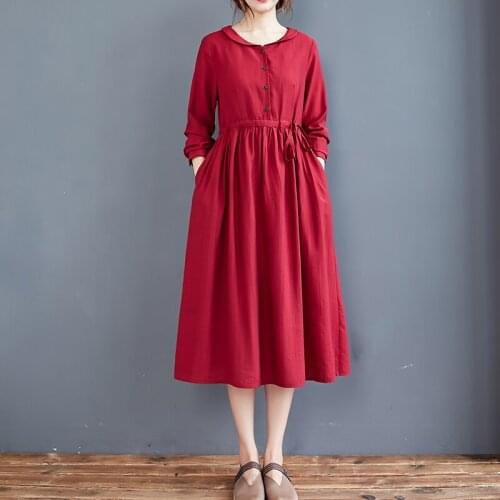 2021 New Arrival Peter Pan Collar Fashion Autumn Dress Linen Cotton Vintage Office Lady Work Dress Women Casual Spring Dress