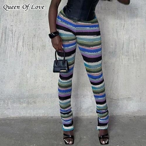 Sexy Colorful Striped Knitted Stacked Pants 2021 New Autumn Winter Fashion Streetwear High Waist Casual Long Pant Trousers Y2K