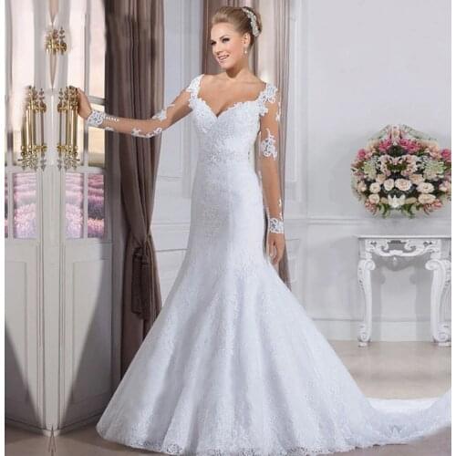 Robe De Marriage Lace Appliques Long Sleeves Bride Gown 2021 Vintage See Through Tulle Back Boho Wedding Dresses Plus Size