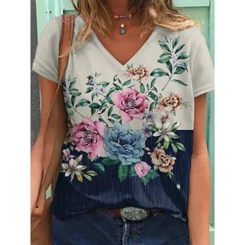 Letter Floral Printed Women Blouse Shirts 2021 Summer Fashion New Casual V-Neck Short Sleeve Loose Streetwears Female Blusa 5XL