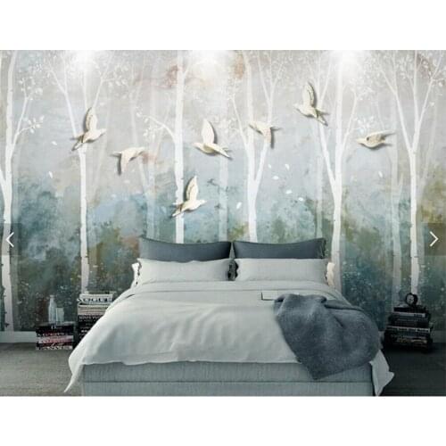 Nordic woods birds abstract forest tree wallpaper,living room TV wall kids room bar restaurant hotel wall mural papel de parede