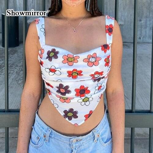 Showmirror Summer Sleeveless Top Camisole Flower Print Pattern Sweet Cute Fairy Style For Womens Holiday Clubwear 2021