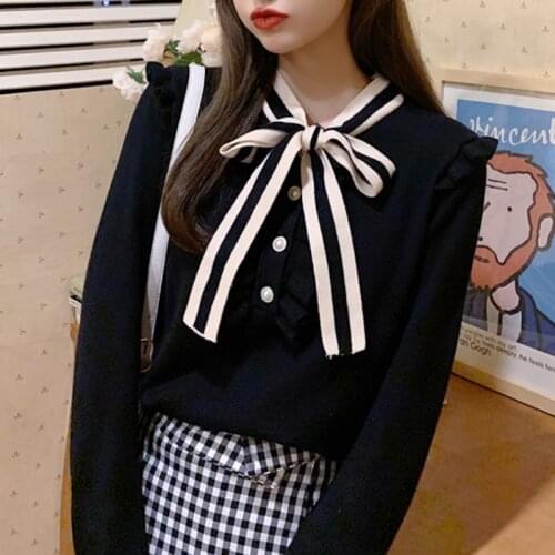 Vintage Korean Bow Sweater Women Autumn Winter Long Sleeve Pullover Ruffles Sweaters Contrast Color knitted sweater pull femme